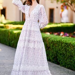 Floral V neck Maxi Dress with Lace Trim